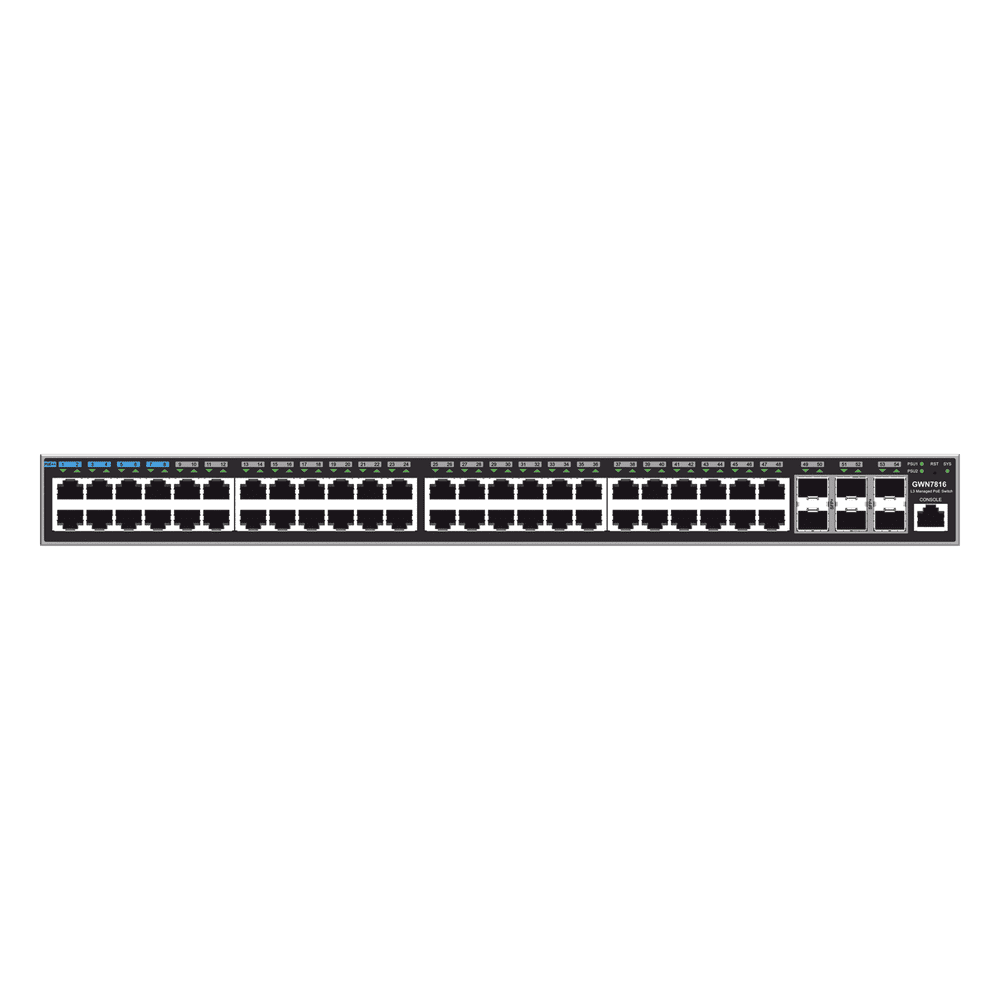 Switch Capa 3 Administrable / 48 puertos 10/100/1000 Mbps + 6 Puertos SFP+ de 10 Gigabits / Compatible con GWN Cloud. GWN7816
