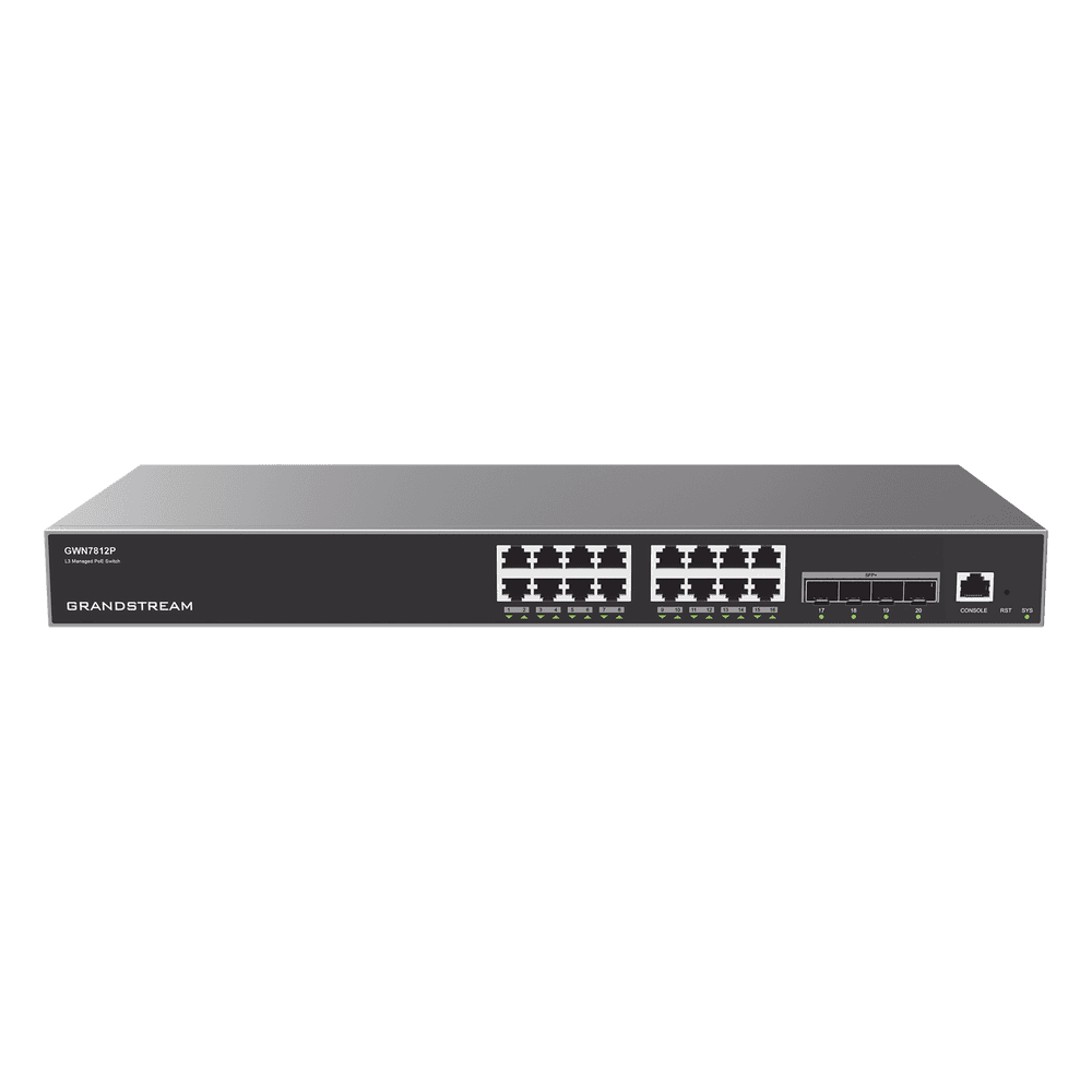Switch Capa 3 PoE+ Administrable / 16 puertos 10/100/1000 Mbps + 4 Puertos SFP+ de 10 Gigabits / Hasta 240W / Compatible con GWN Cloud. GWN7812P