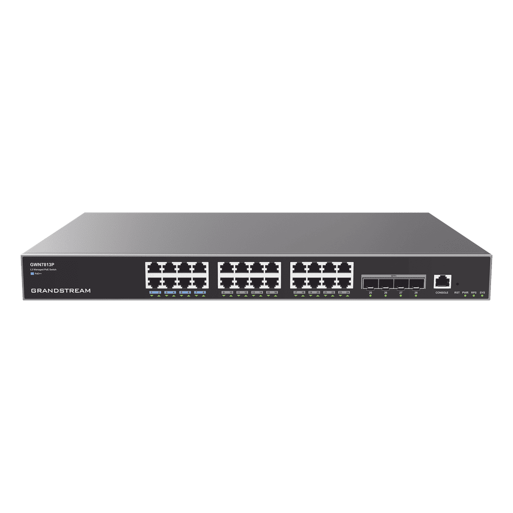 Switch Capa 3 PoE+ Administrable / 24 puertos 10/100/1000 Mbps + 4 Puertos SFP+ de 10 Gigabits / Hasta 360W / Compatible con GWN Cloud. GWN7813P
