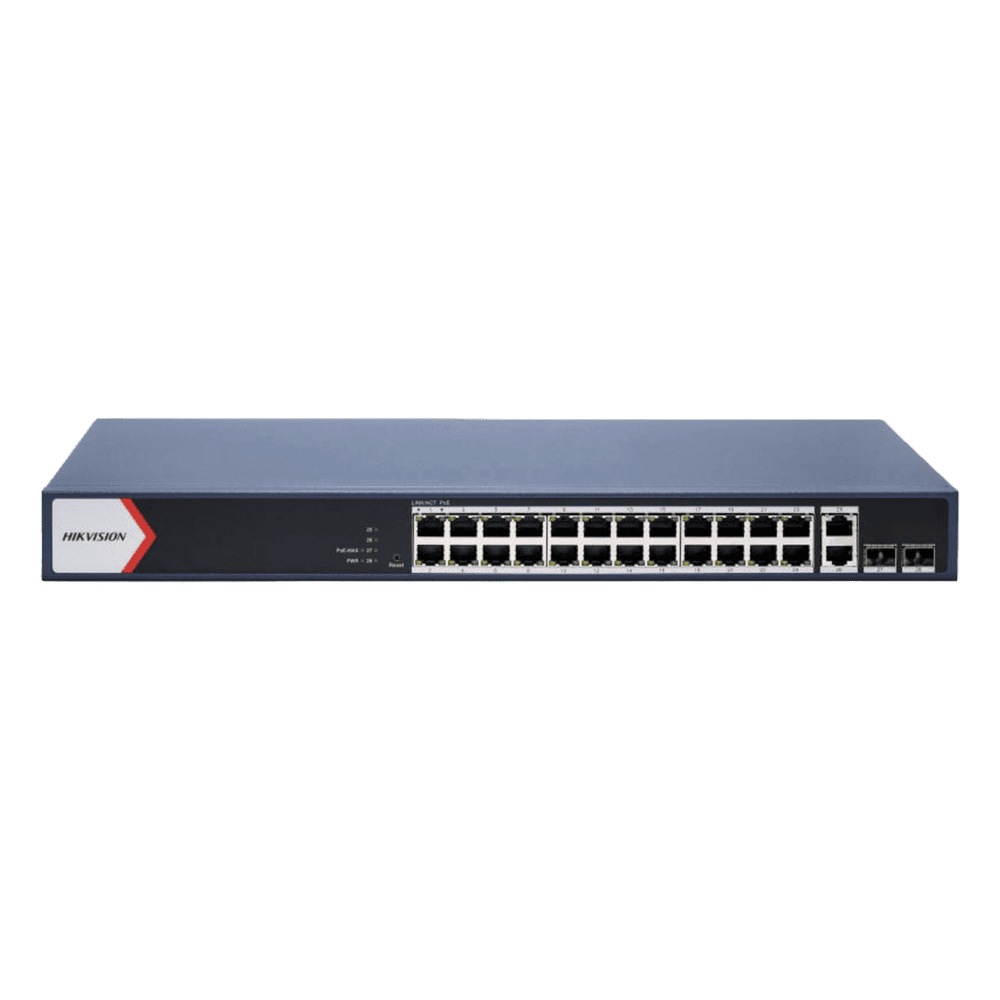 Switch Gigabit PoE+ / Administrable / 24 Puertos 1000 Mbps PoE+ / 2 Puertos 1000 Mbps Uplink  / 2 Puertos SFP Uplink / Configuración Nube Hik-Partner Pro / Modo Extendido hasta 300 Metros / 230 W DS-3E1528P-EI/M
