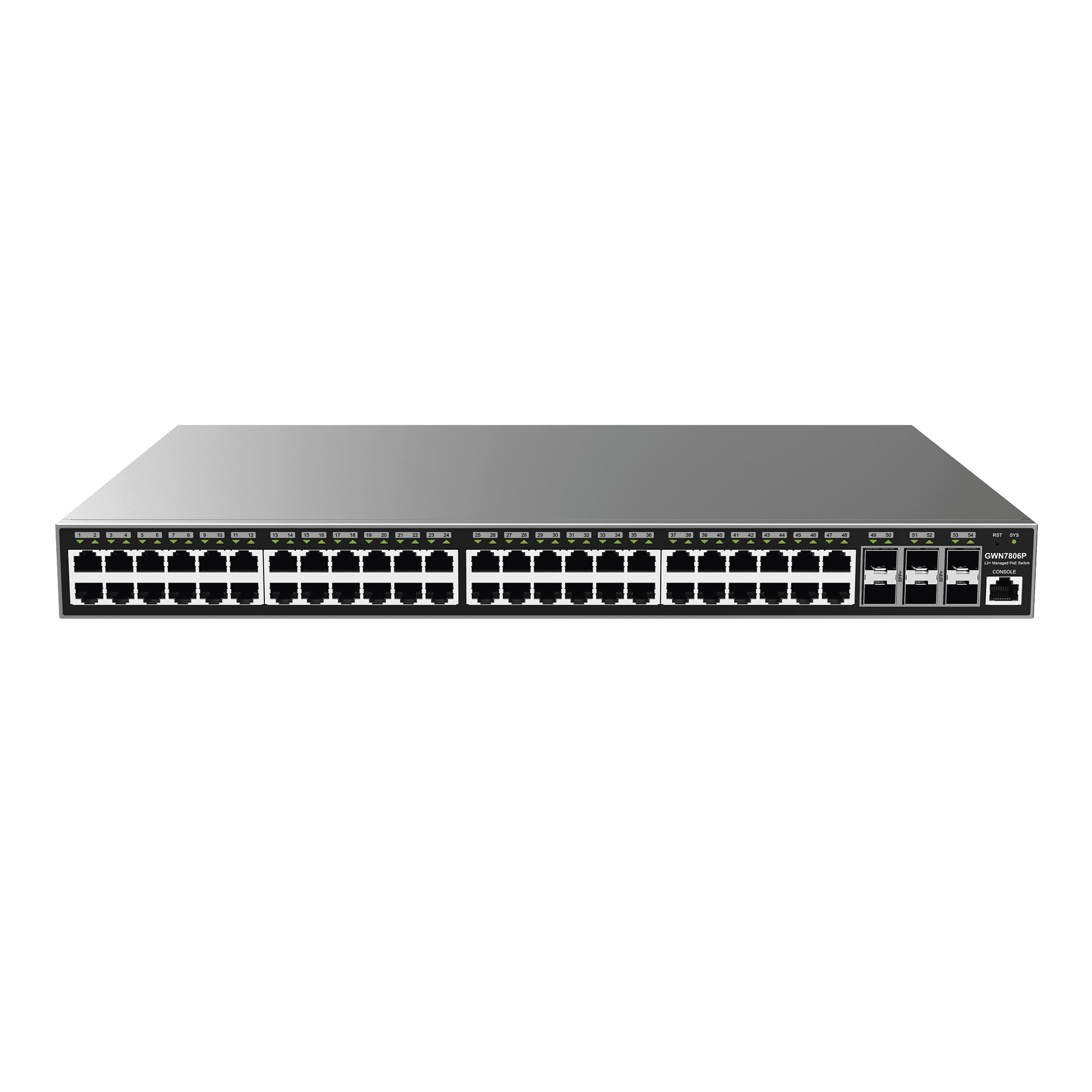 Switch Gigabit PoE+ Administrable / 48 puertos 10/100/1000 Mbps + 6 Puertos SFP+ / Hasta 400W / Compatible con GWN Cloud. GWN7806P