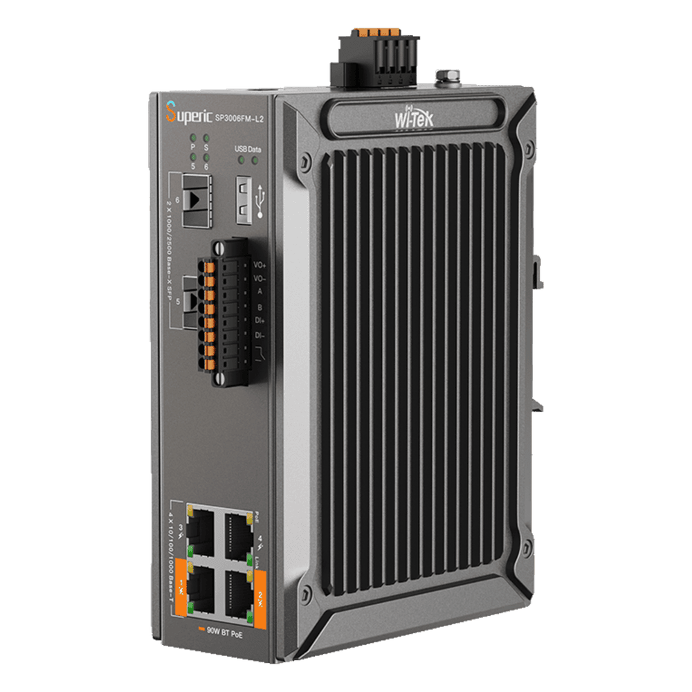 Switch Industrial Administrable / Gigabit con 2 Puertos PoE bt / 2 Puertos PoE af/at / 2 SFP 2.5Gbps / Soporta RS485 / Presupuesto PoE 120W SP3006FM-L2