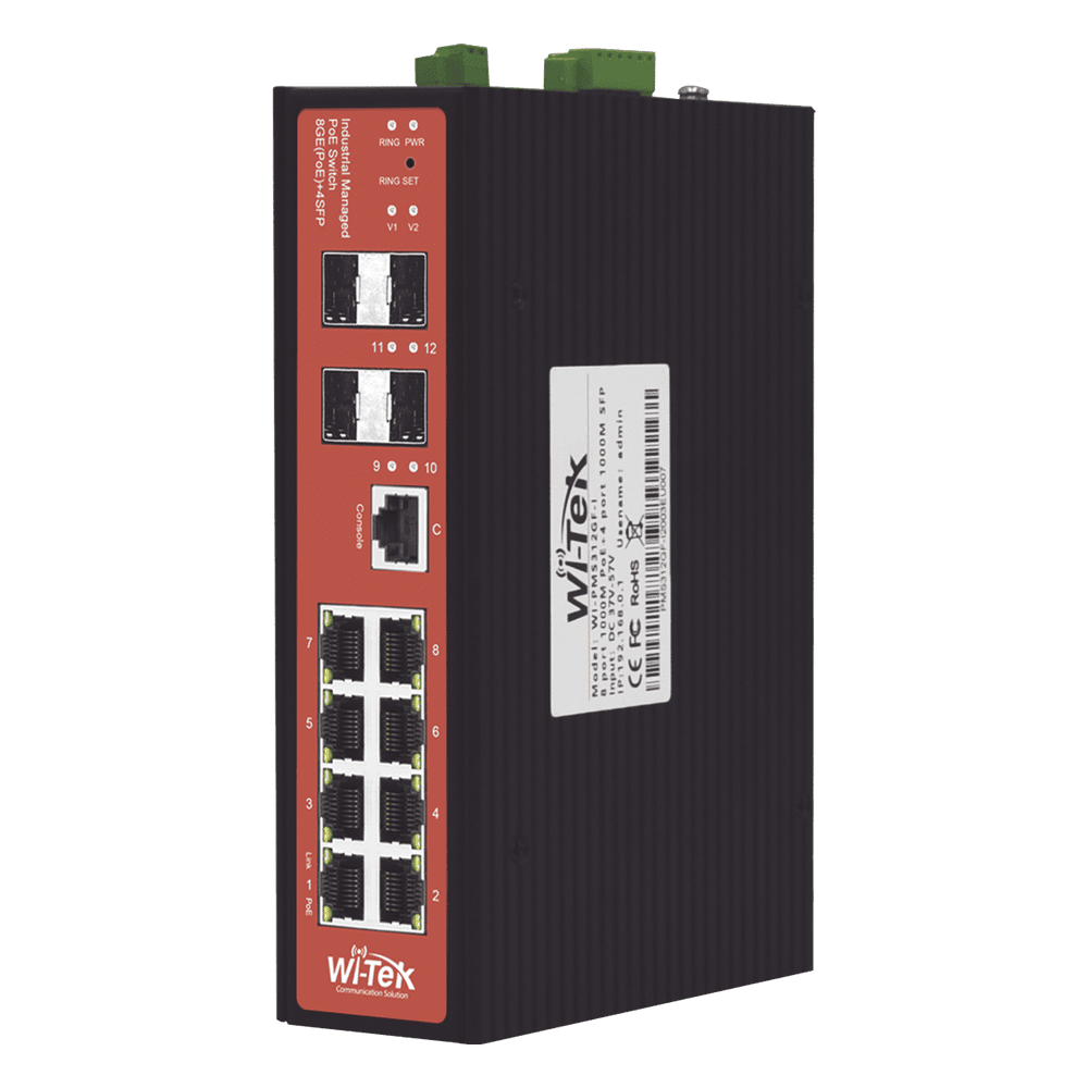 Switch Industrial Administrable / PoE Mixto 24/48V / 8 Puertos Gigabit + 4 SFP / Puertos 3-4 802.3 af/at/bt 60W / Protección 8kV / Riel DIN WIPMS312GFIV2