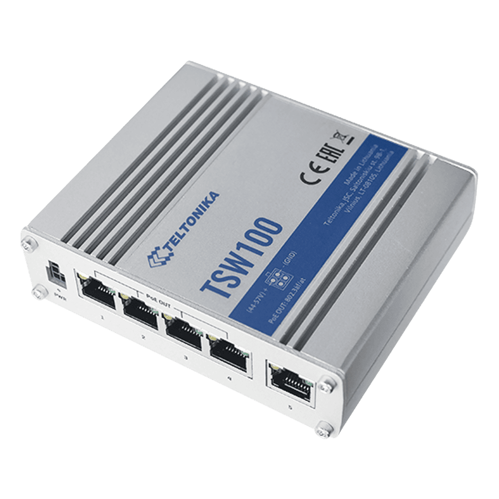 Switch Industrial No-Administrable 5 puertos Gigabit, PoE en 4 puertos 802.3af/at (120W) TSW100