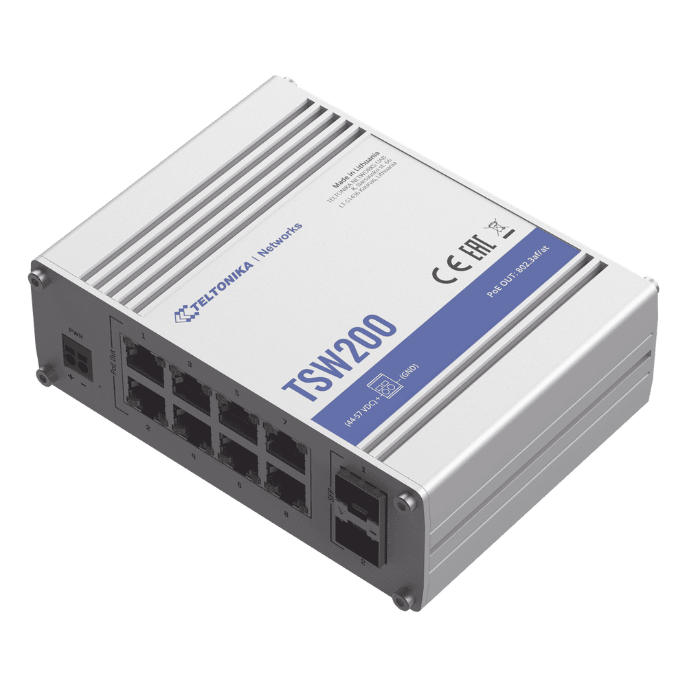 Switch Industrial No-Administrable 8 puertos Gigabit PoE 802.3af/at, 2 puertos SFP TSW200