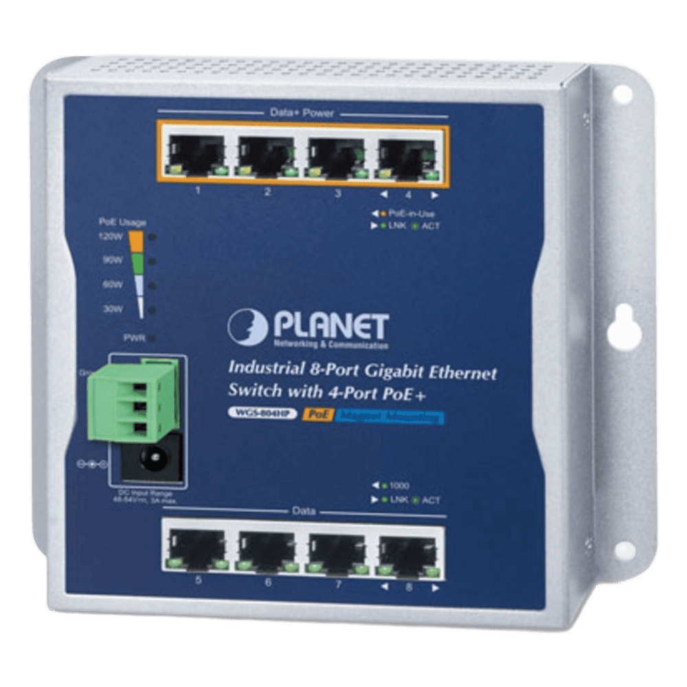 Switch Industrial No Administrable, Múltiple Montaje (Pared, Riel DIN y Magnético), 8 Puertos Gigabit con 4 puertos PoE 802.3at, Hasta 120 W. WGS-804HP