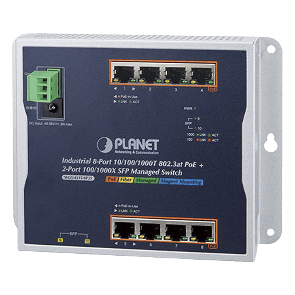 Switch Industrial PoE Administrable de Pared Capa 2, 8 Puertos Gigabit PoE 802.3at y 2 Puertos 100/1000X SFP WGS-4215-8P2S
