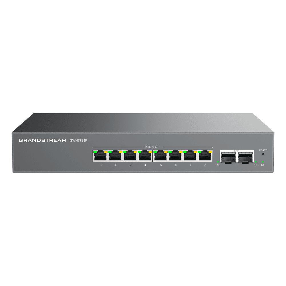 Switch L2 Lite Administrable de 10 Puertos / 8 Puertos Ethernet 2.5 Gigabits / 2 Puertos SFP+ 10 Gigabits / PoE+ 802.3af/at / VLAN 802.1Q / QoS / IGMP Snooping / Montaje en Escritorio o Pared GWN7721P