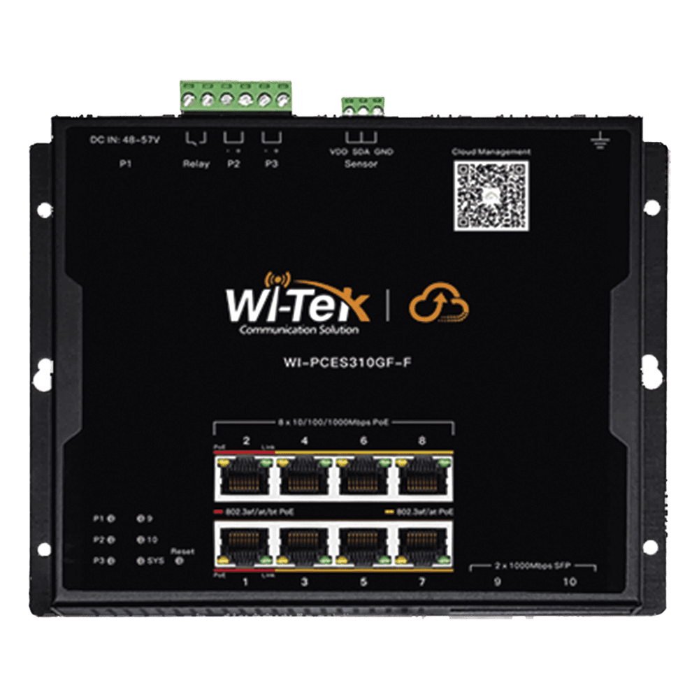 Switch L2 PoE Industrial / Administración Cloud Gratuita / 8 Puertos PoE af/at/bt 10/100/1000 Mbps / 2 Puertos SFP Gigabit / Máx Presupuesto PoE 145 W / Montaje Magnético - Riel DIN. WI-PCES310GF-F