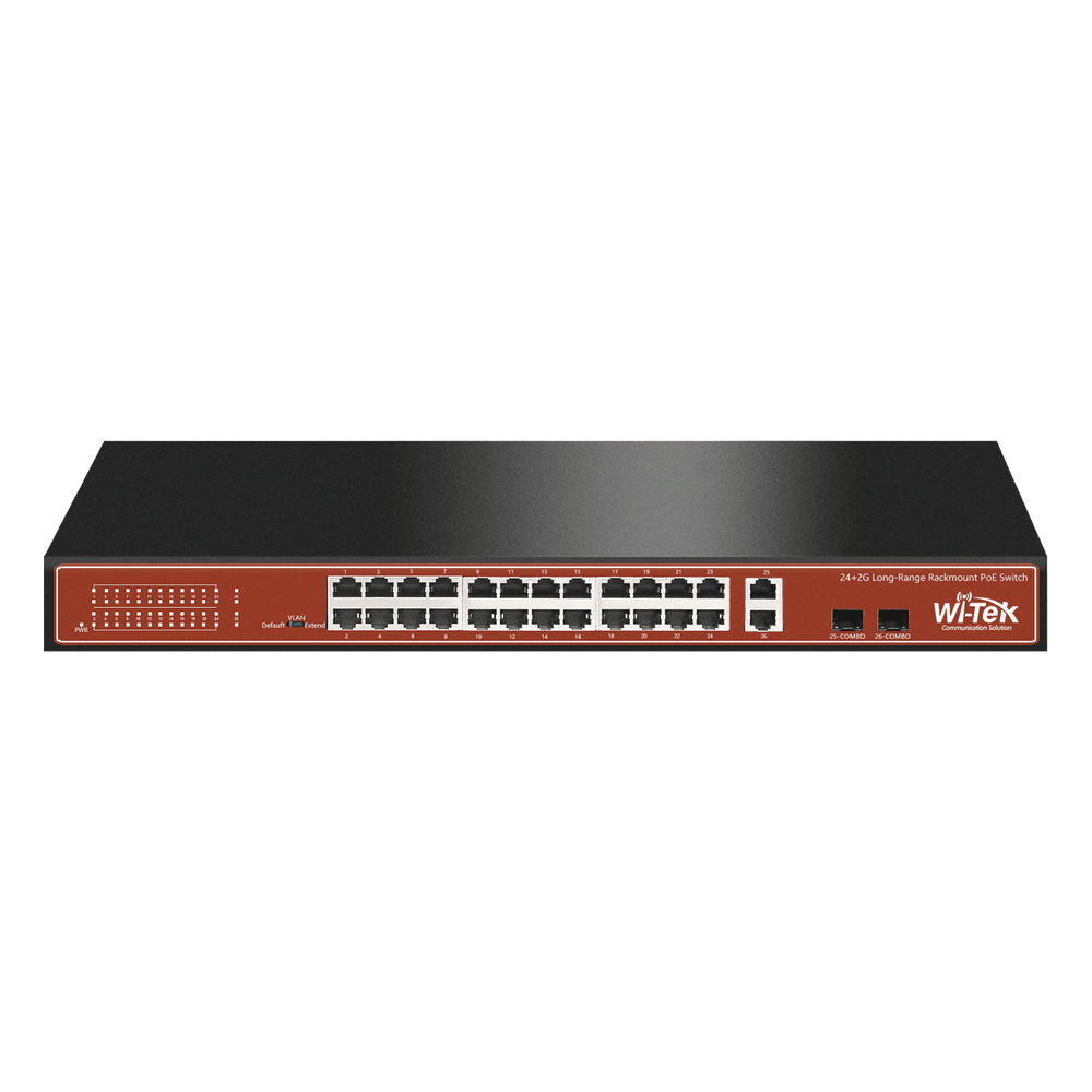 Switch PoE (802.3af/at/bt) / No administrable de largo alcance / Hasta 250m / Con 24 x 10/100Mbps + 2 x SFP Gigabit Combo / 250 W WI-PS526G