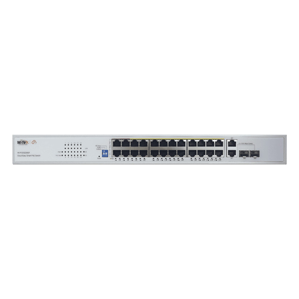 Switch PoE (802.3af/at/bt) / No administrable de largo alcance / Hasta 250m / Con 24 x 10/100Mbps + 2 x SFP Gigabit Combo / 280 W WI-PCES226GF