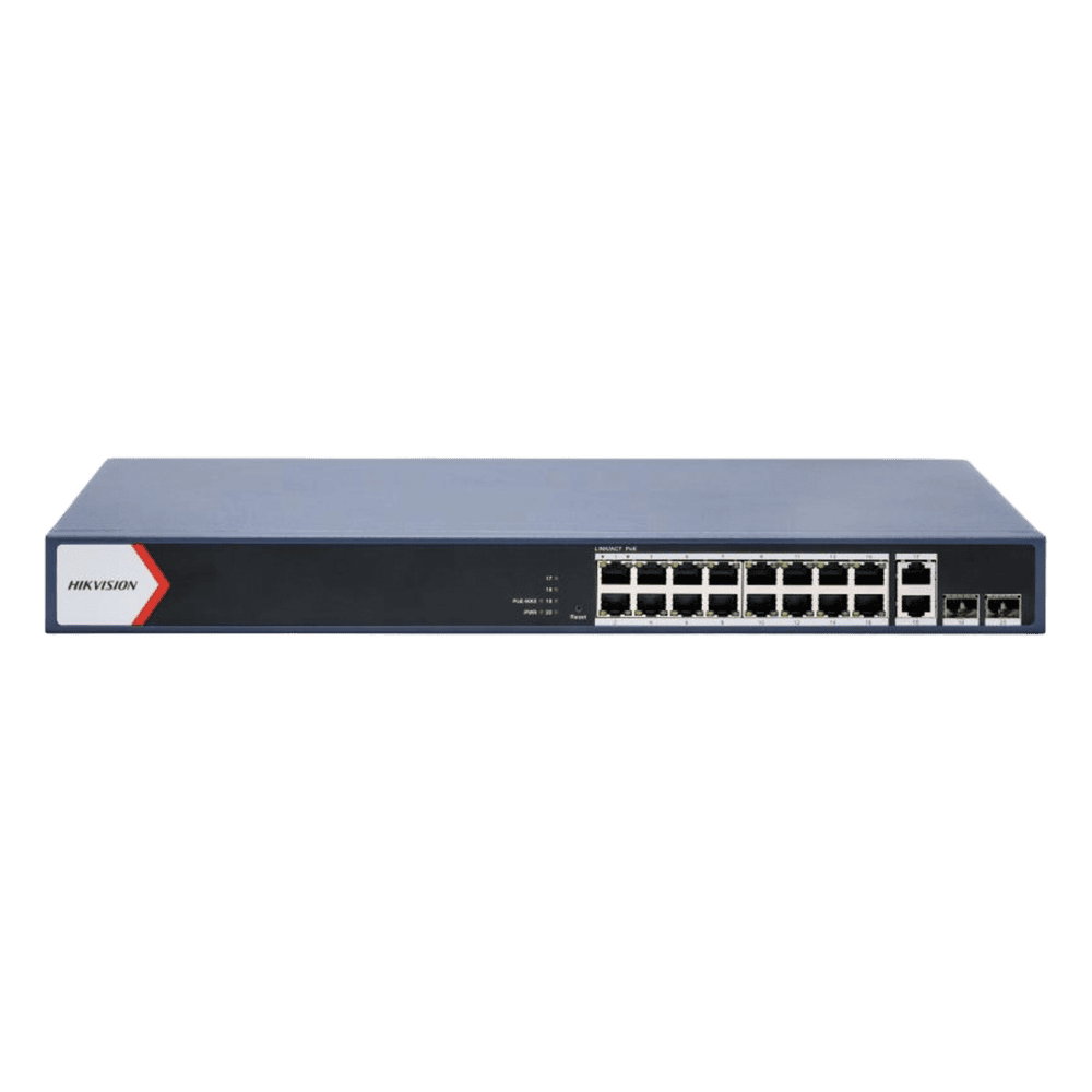 Switch PoE+ / Administrable / 16 puertos 1000 Mbps PoE+ / 2 Puertos 1000 Mbps Uplink / 2 Puertos SFP de Uplink /  Configuración Nube Hik-Partner Pro / Modo Extendido hasta 300 metros / 230 W DS-3E1520P-EI