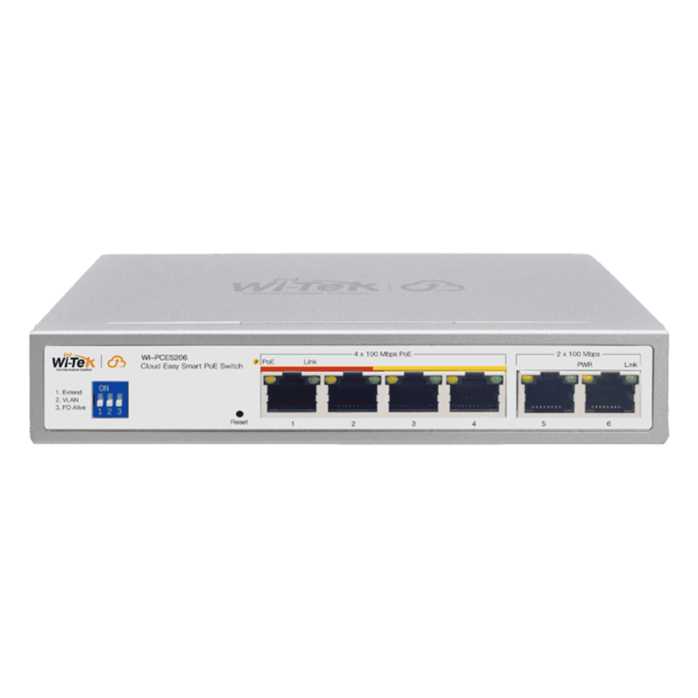 Switch PoE / Administración en la nube / Con 4 puertos 10/100 Mbps PoE af/at / 2 Puertos Uplink 10/100 Mbps / Presupuesto 60 W / PoE hasta 250 metros / Soporta protocolo ONVIF WI-PCES206