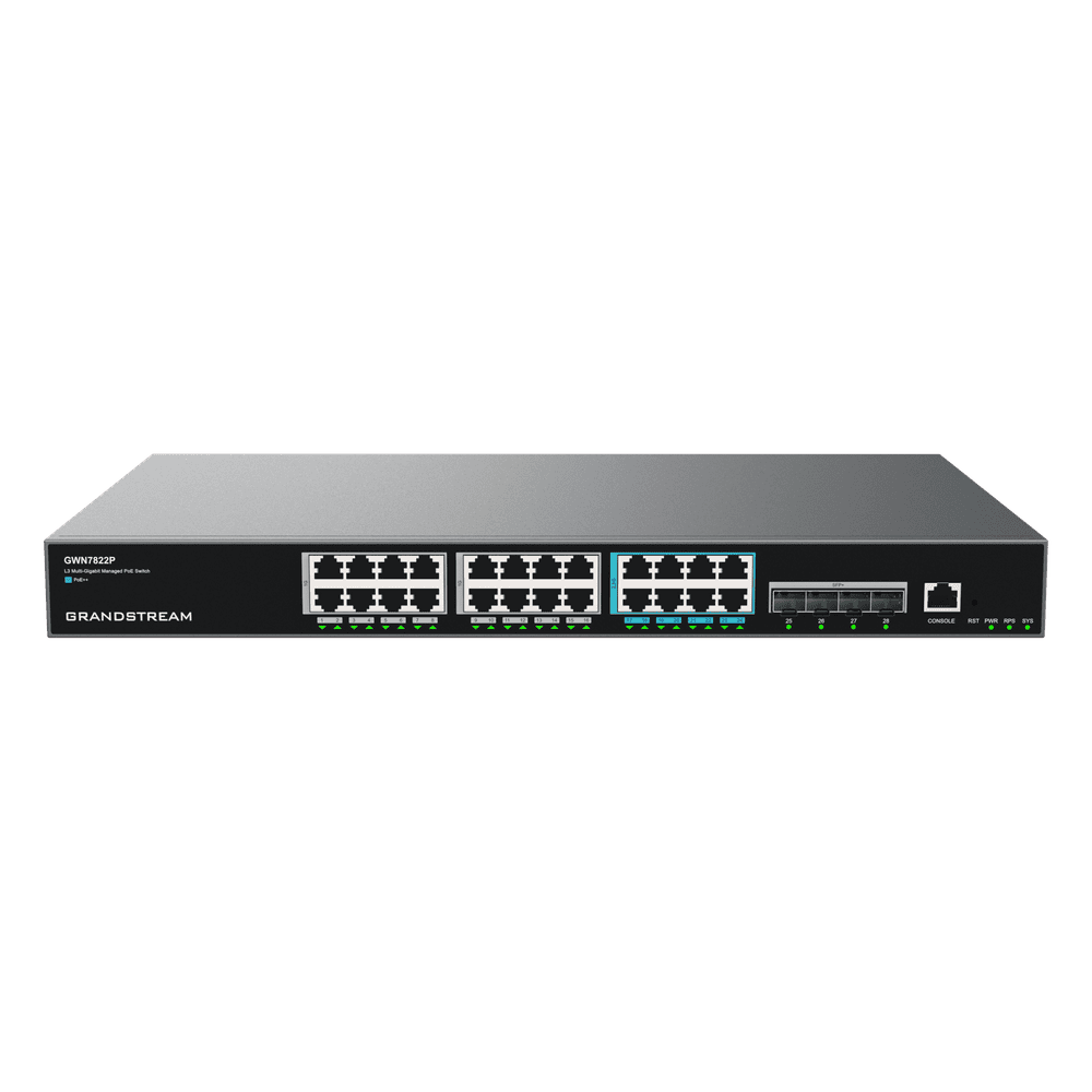 Switch PoE Multigigabit Capa 3 / 24 Puertos Ethernet PoE (16x 1G, 8x 2.5G)/ 4 Puertos SFP+ / PoE++ Dinámico / IPv6 e IPv4 / VLAN Avanzada / QoS / Stacking hasta 4 Dispositivos / Administración Web y CLI GWN7822P