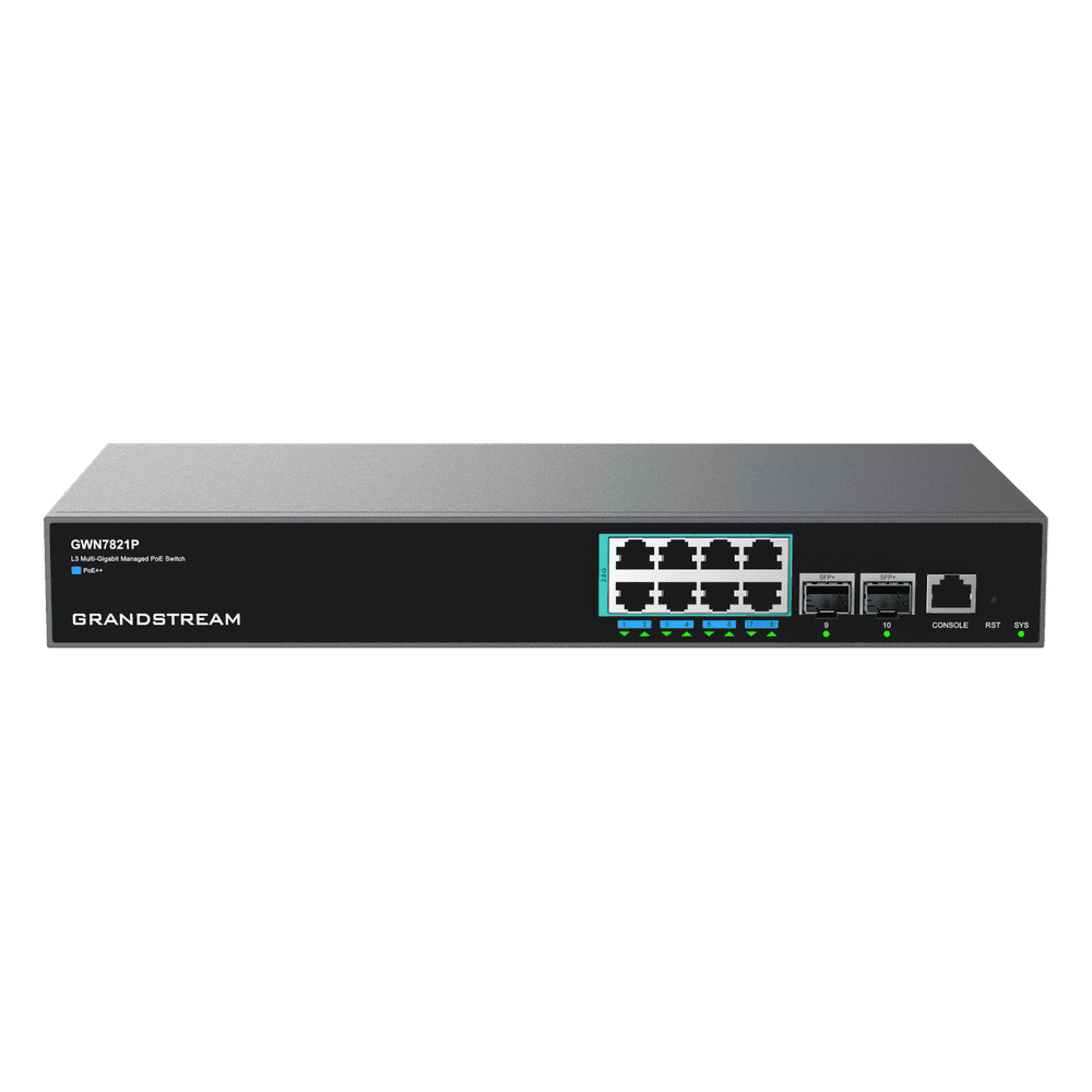 Switch PoE Multigigabit Capa 3 / 8 Puertos Ethernet 2.5 G / 2 Puertos SFP+ / PoE++ Dinámico / IPv6 e IPv4 / VLAN Avanzada / QoS / Stacking hasta 4 Dispositivos / Administración Local y en la Nube GWN7821P