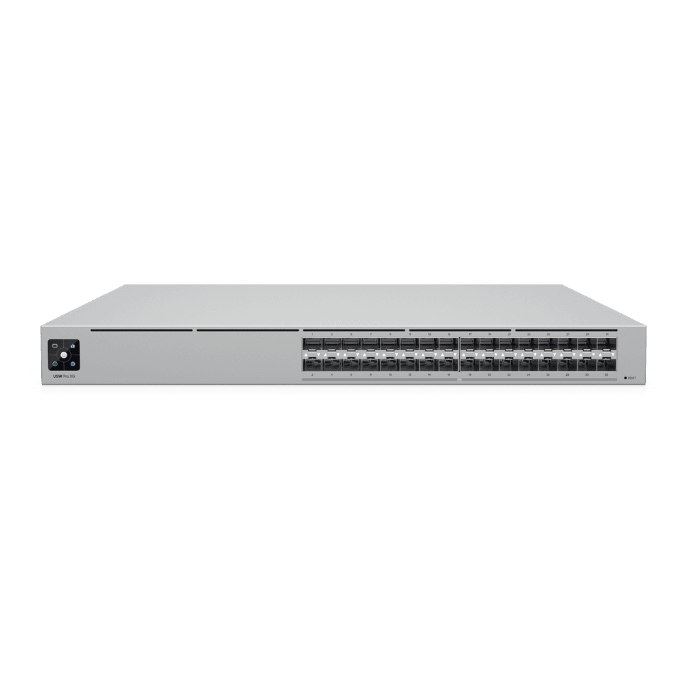 Switch Pro XG Aggregation de 25G con 32 puertos SFP28, Capacidad de Switching de 1.6 Tbps, Funciones Layer 3, Respaldo de Energía USP RPS y Etherlighting™. USW-PRO-XG-AGGREGATION
