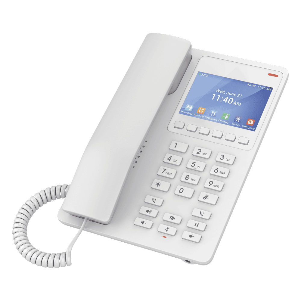 Teléfono IP Hotelero con pantalla LCD a color, 2 líneas SIP con 2 cuentas, codec Opus, IPV4/IPV6, color blanco, con gestión en la nube GDMS GHP630
