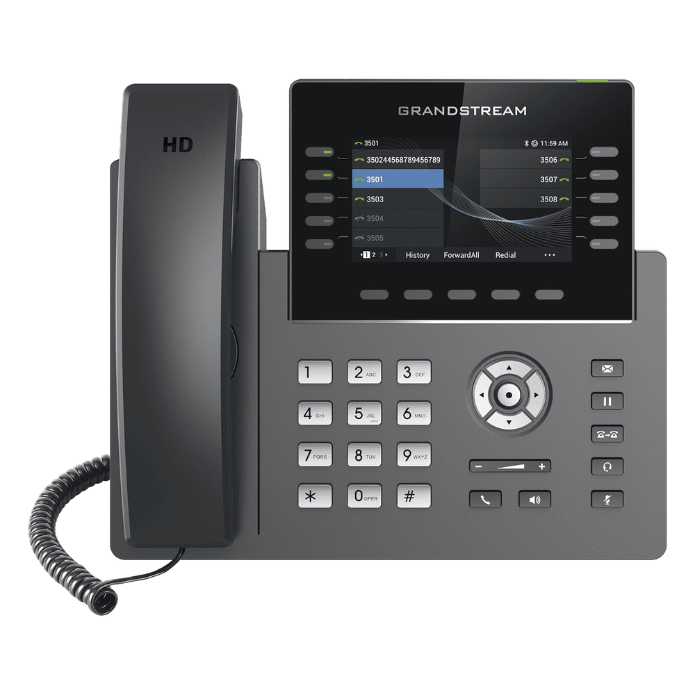 Teléfono IP Wi-Fi, Grado Operador, 10 líneas SIP con 5 cuentas, pantalla a color 4.3", puertos Gigabit, Bluetooth, PoE, codec Opus, IPV4/IPV6 con gestión en la nube GDMS GRP-2615