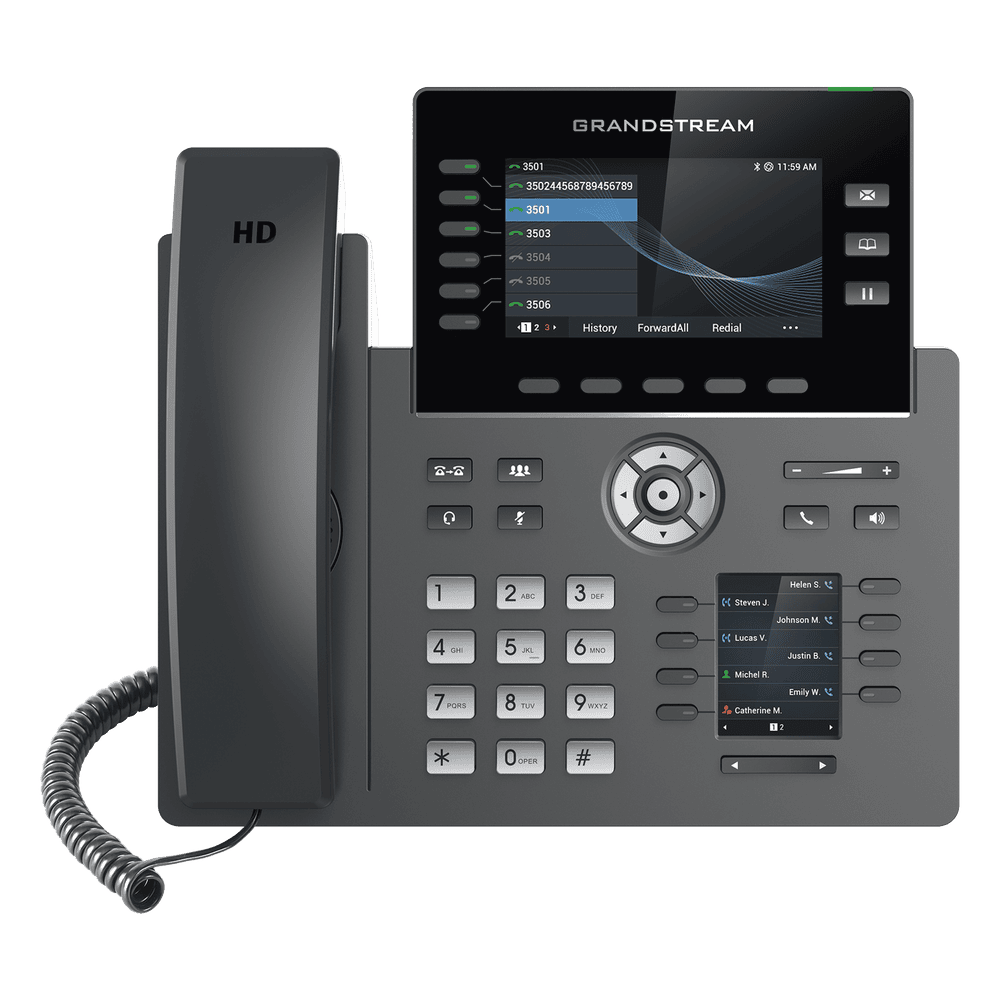 Teléfono IP Wi-Fi, Grado Operador, 6 líneas SIP con 6 cuentas, pantalla a color 4.3", puertos Gigabit, Bluetooth, PoE, codec Opus, IPV4/IPV6 con gestión en la nube GDMS GRP-2616