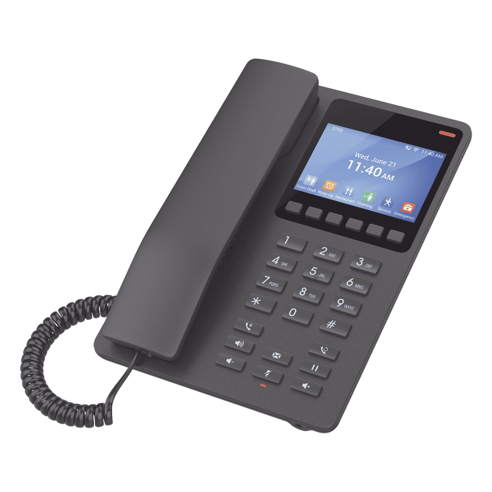 Teléfono IP WiFi Hotelero con pantalla LCD a color, 2 líneas SIP con 2 cuentas, codec Opus, IPV4/IPV6, color negro, con gestión en la nube GDMS GHP631W