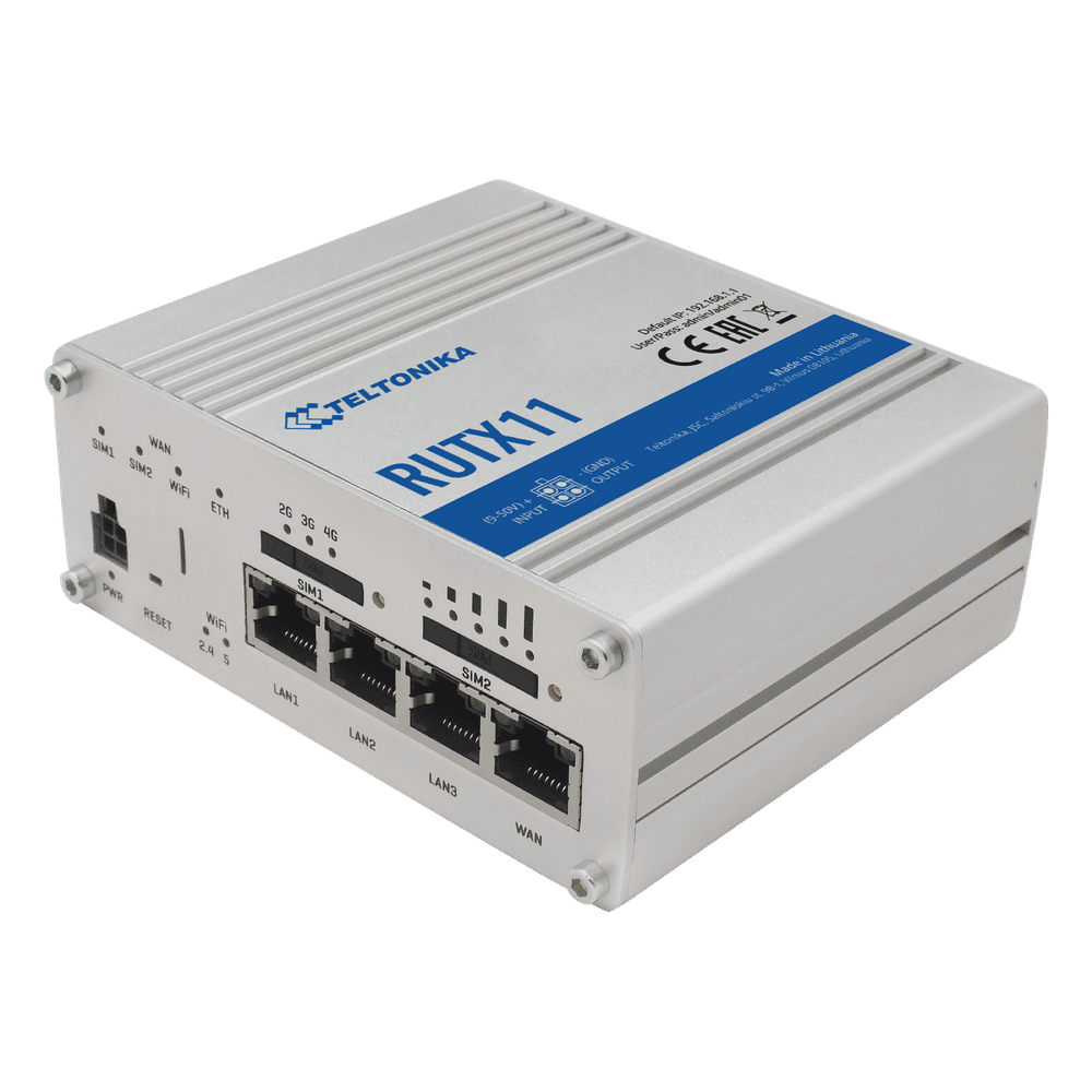 Router Industrial LTE 4.5G Cat 6 / 300 Mbps / WiFi 5 Dual Band / 4 Puertos Gigabit / Doble SIM / GNSS / PoE RUTX11